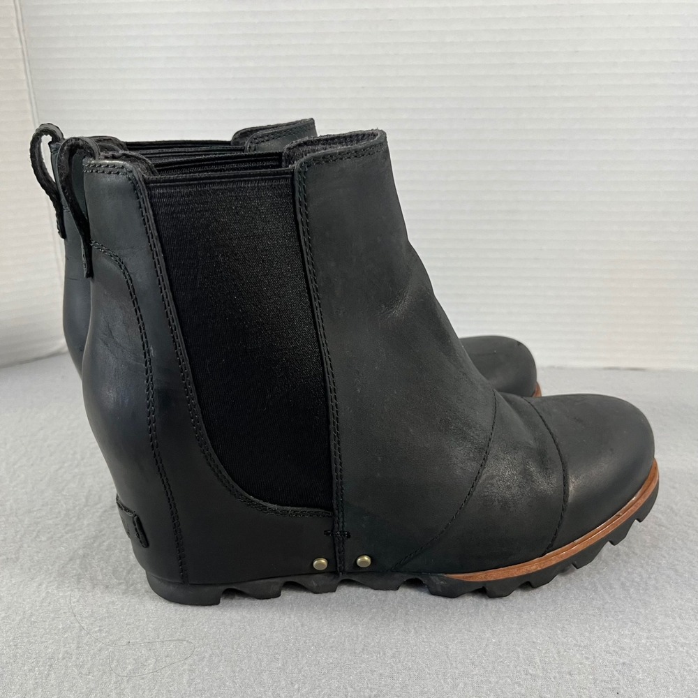 Sorel LEA joan of ark Black Leather Wedge Ankle Boots Women's Size 8 Chelsea‎